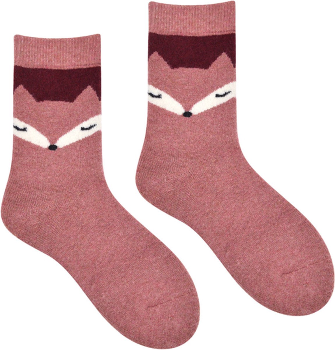 Wol Dames Sokken - Huissokken - Wandelsokken - roze - rood - leuke print vos - 36 - 40 - warm - cadeau voor haar - gift
