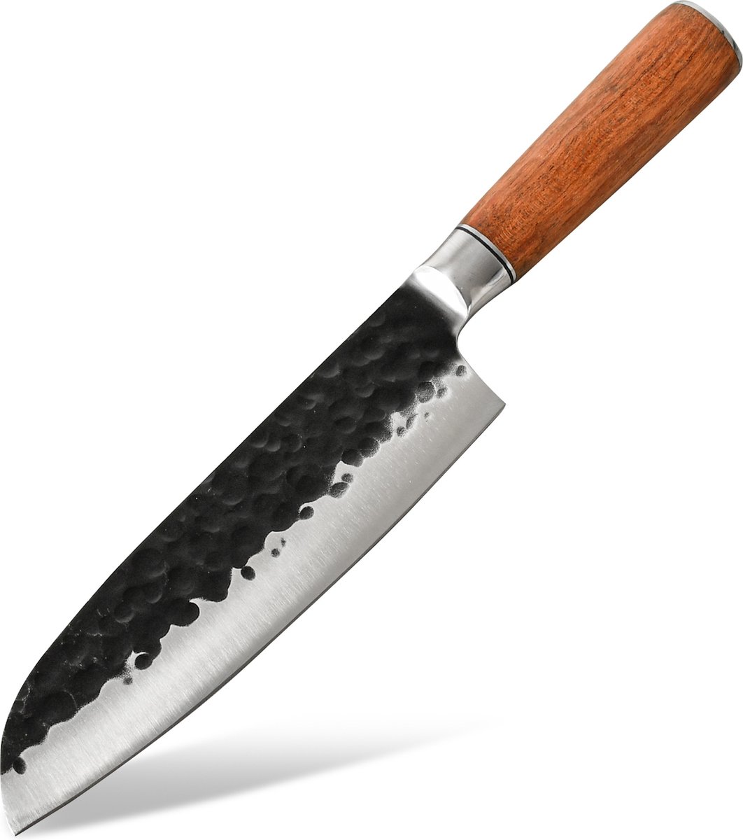 KAAMUT® Santokumes 18 cm Gehamerd Koolstofstaal – Vlijmscherp – Professioneel Koksmes – Zwarte Finish – Massief Houten Handvat