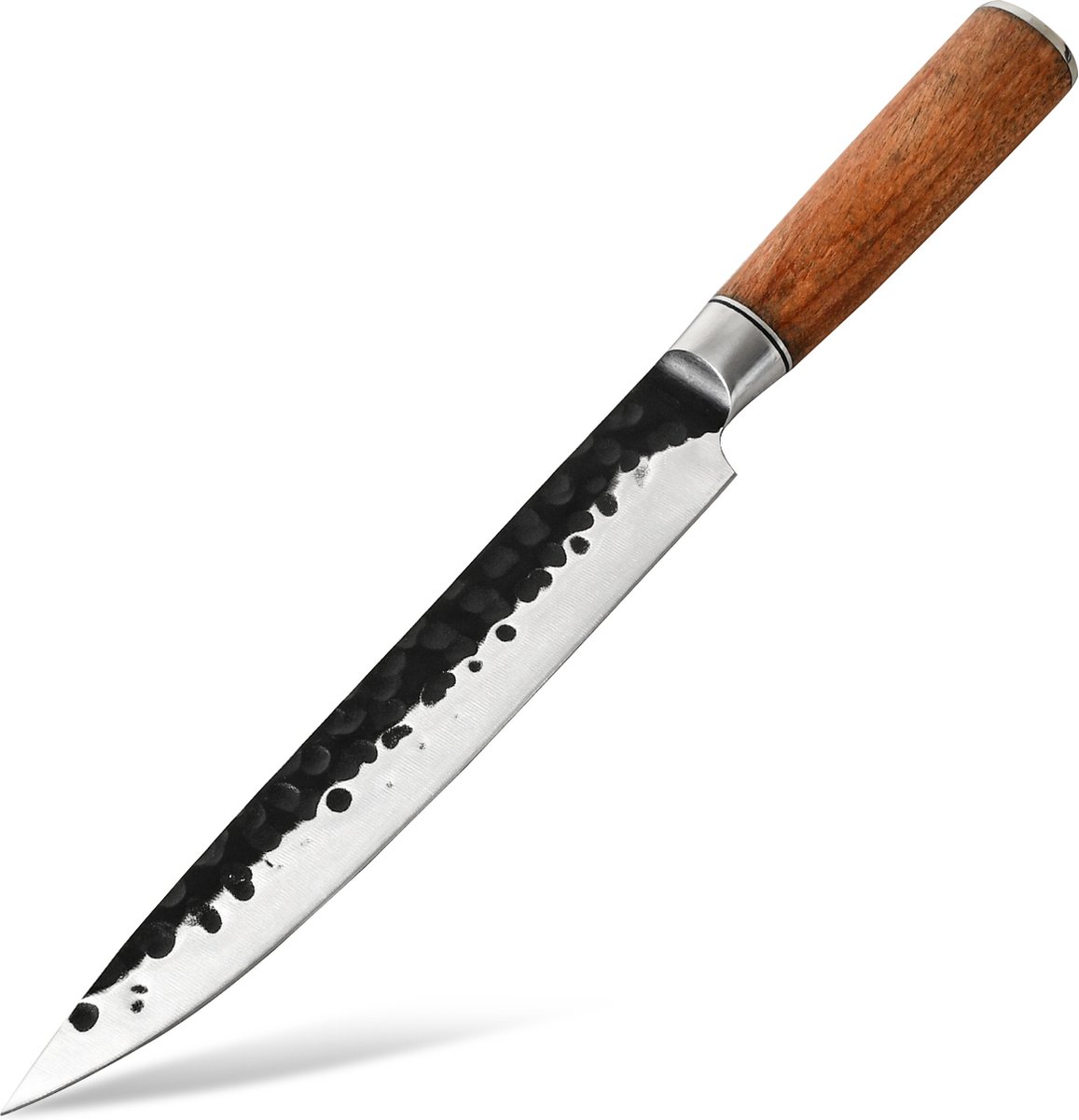 KAAMUT® Chefmes 20 cm Gehamerd Koolstofstaal – Vlijmscherp – Professioneel Koksmes – Zwarte Finish – Massief Houten Handvat