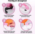 Roze elektrische ballonnenpomp met details van de verschillende functies en opzetstukken.