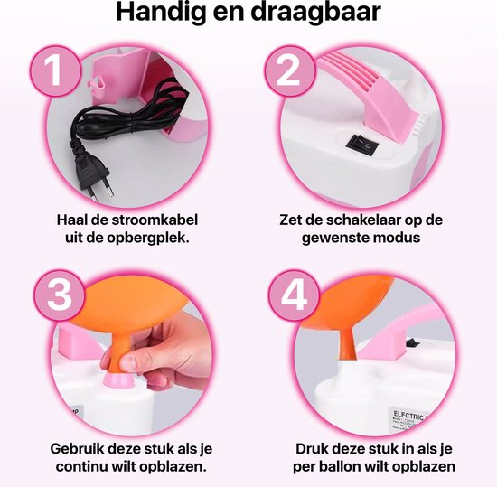 Roze elektrische ballonnenpomp met details van de verschillende functies en opzetstukken.