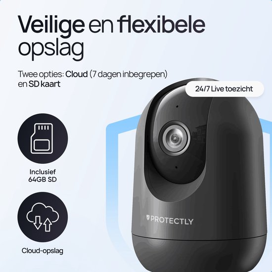 Caméra de sécurité intérieure Protectly® - Caméra pour animaux de compagnie avec application - Petcam - Caméra pour chien - Avec application WiFi - 2K 3MP Ultra HD - Détection de mouvement et de son - Caméra intérieure - Zwart