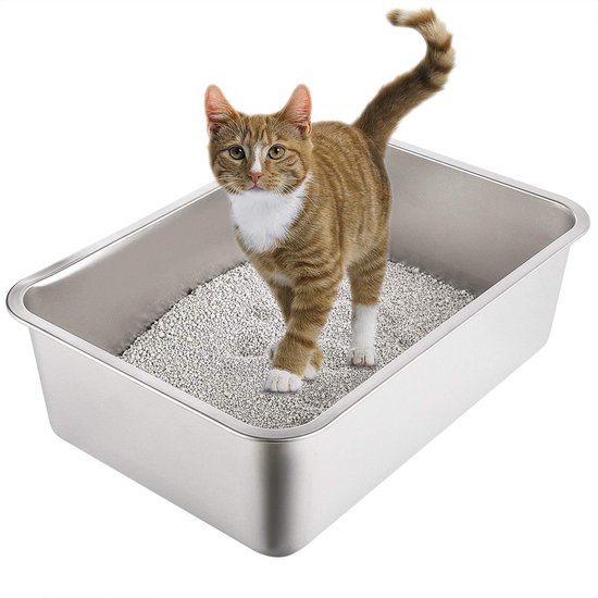 Kattenbak XXL Premium roestvrij staal met deksel, grote opening aan de voorkant, kattenbak met schep, 62 x 41 x 40 cm (l x b x h