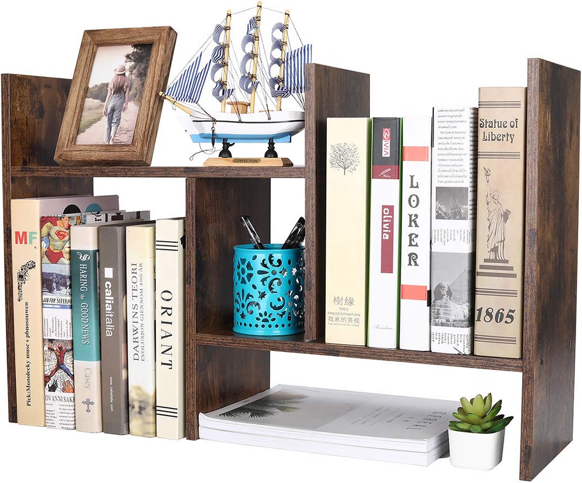 La'Moussawi ® Kleine Verstelbare Houten Boekenkast voor Kantoor, School en Thuisgebruik in Antiek Bruin