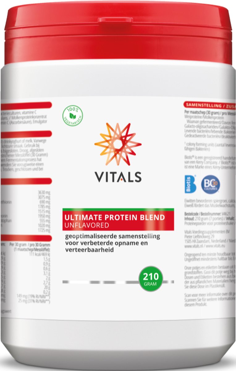 Goedkoopste Vitals Ultimate Protein Blend - 210 gram - proteïne poeder. Gefermenteerde weiproteïne, aangevuld met speciaal geselecteerde pre-, pro- en postbiotica.