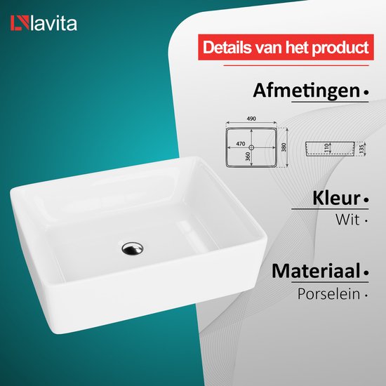 Witte rechthoekige opzetwastafel van Lavita. Afmetingen: 490x380mm. Kleur: Wit. Materiaal: Porselein.