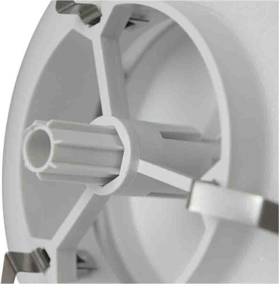 Close-up van de achterkant van een witte ventilator met kunststof elementen.