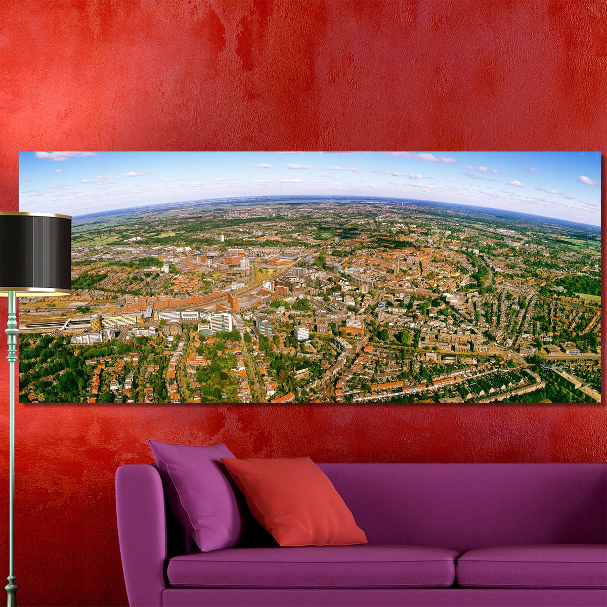 Skyline van Amersfoort in Panorama | 250 x 100 cm | Foto op Canvas | Luchtfoto | Wanddecoratie | Bijzonder Gedetailleerd