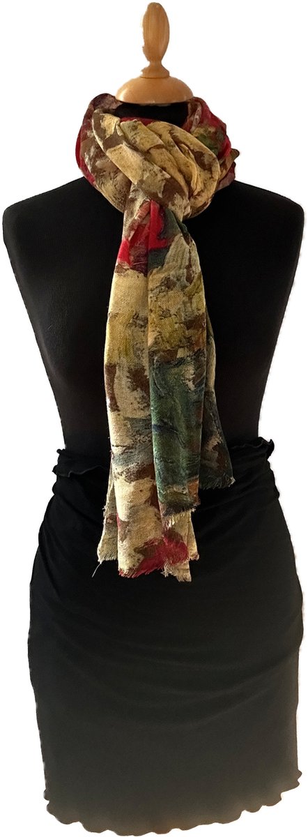 HIGHFIELD SHAWL DESSIN “FANCY FLOWER” 100% MERINO WOL, 70CM X 180CM. KLEUR GOUD/GROEN/ROOD