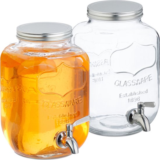 Relaxdays drankdispenser met houder, set van 2, 4 liter, kunststof