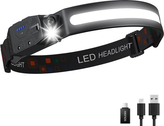BORUIT K353 Krachtige oplaadbare led-hoofdlamp, 300 lm, USB C, 5 modi, met COB rode lamp, 120 graden verstelbaar, waterdicht, IPX4, voor wandelen, kamperen, fietsen