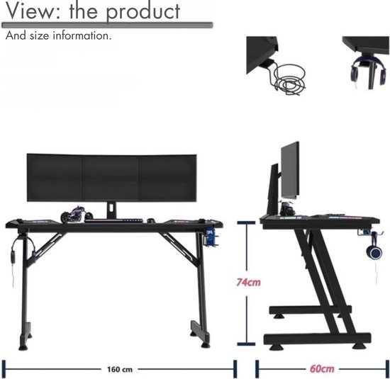 HENGMEI Grand bureau de gaming avec lumière - 160 x 60 x 75 cm - Grand