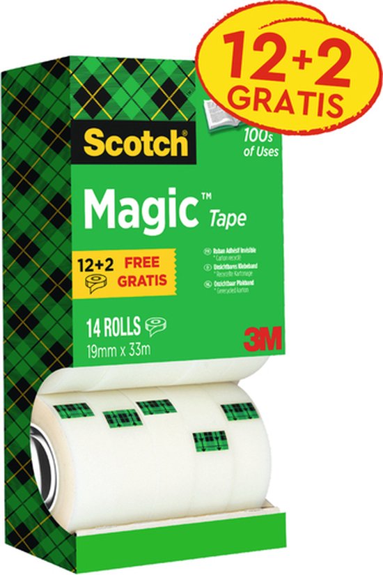 Value Pack: 12 x Scotch® Magic™ Tape, Kartonnen Toren, 19 mm x 33 m + 2 Rol GRATIS