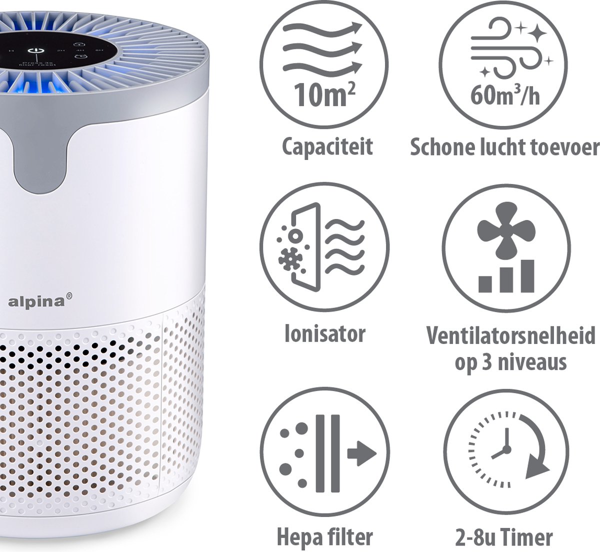 alpina Luchtreiniger met HEPA Filter H13 - Air Purifier met Ionisator voor Ruimtes 5-10 m2 - Lucht Reiniger 60 m³/h - Air Cleaner met 3 Snelheden - 230V/12W - Wit — afbeelding 2