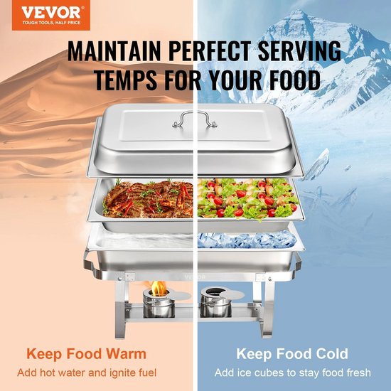 Trendique - Warmhoud bakken - Set van 2 - Food warmer - Buffetschalen - Voedsel warm houden - 2 grote bakken en 4 kleine bakken - 60x35x32 cm - Capaciteit elk 7,5 L - Roestvrij staal — afbeelding 5