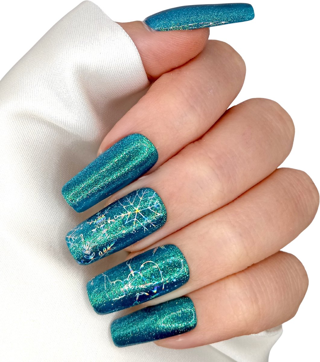 Kerstnagels - Blauwe Glitter Plaknagels - Press on Nails - Long Square Nagel Tips - SD Press on Nails - Nagelset B-182