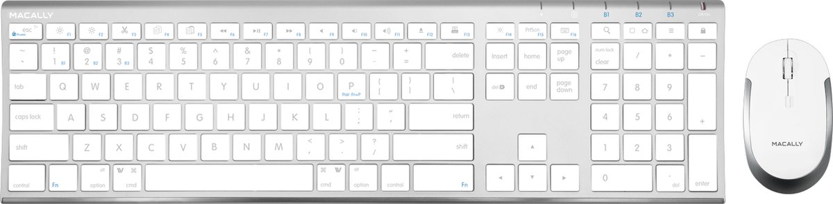 Macally ACEBTKEYACB Draadloze Bluetooth toetsenbord en muis combo - Wit/zilverkleurig - US (QWERTY) toetsenbord met witte toetsen - Muis met stille knoppen