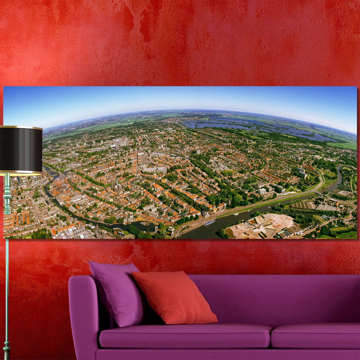 Gouda in Panorama | 250 x 120 cm | Foto op Canvas | Luchtfoto | Wanddecoratie | Skyline | Bijzonder Gedetailleerd