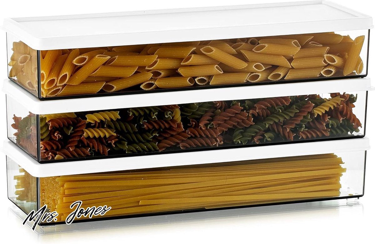 Mrs. Jones Plastic pasta-opslag - luchtdichte spaghettipot - duurzame voedselopslagcontainers - voorraadkast koelkast - 3 stuks .