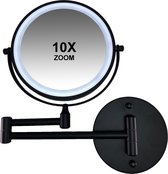 Oplaadbare Metalen verlichte wand knik arm badkamer LED Spiegel dimbaar zwart, Dubbelzijdig verlicht, 10x vergroting 18cm doorsnee, stroomkabel (USB) - make-upspiegel - beauty - badkamer accessoires