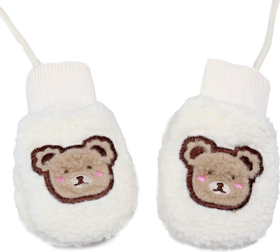 Een paar crème teddywanten met een geborduurde bruine beer op elke want. Ze hebben gebreide manchetten en een koord.