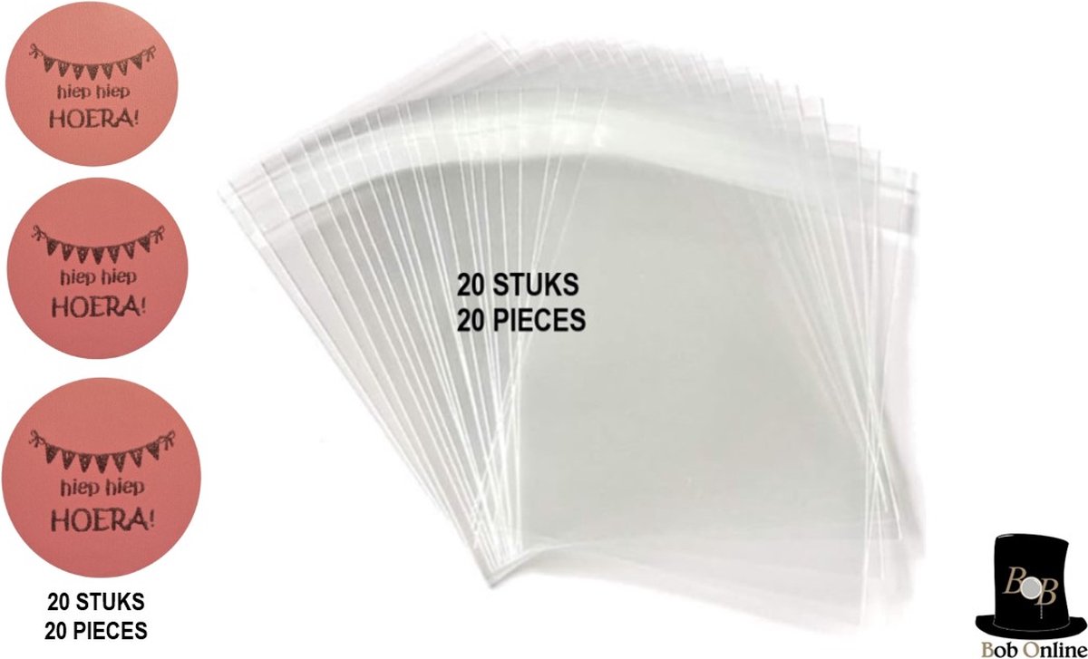 Bob Online™ - 20 Stuks Zakjes + 20 Stuks Roze ‘hiep Hiep Hoera’ Stickers – DIY Transparant Zelfsluitende Cellofaanzakjes 14x14,5cm – Voor Koekjes & Feestartikelen – Traktatie Cellofaanzakjes – 20 x Packets + 20 x Pink ‘hiep Hiep Hoera’ Stickers