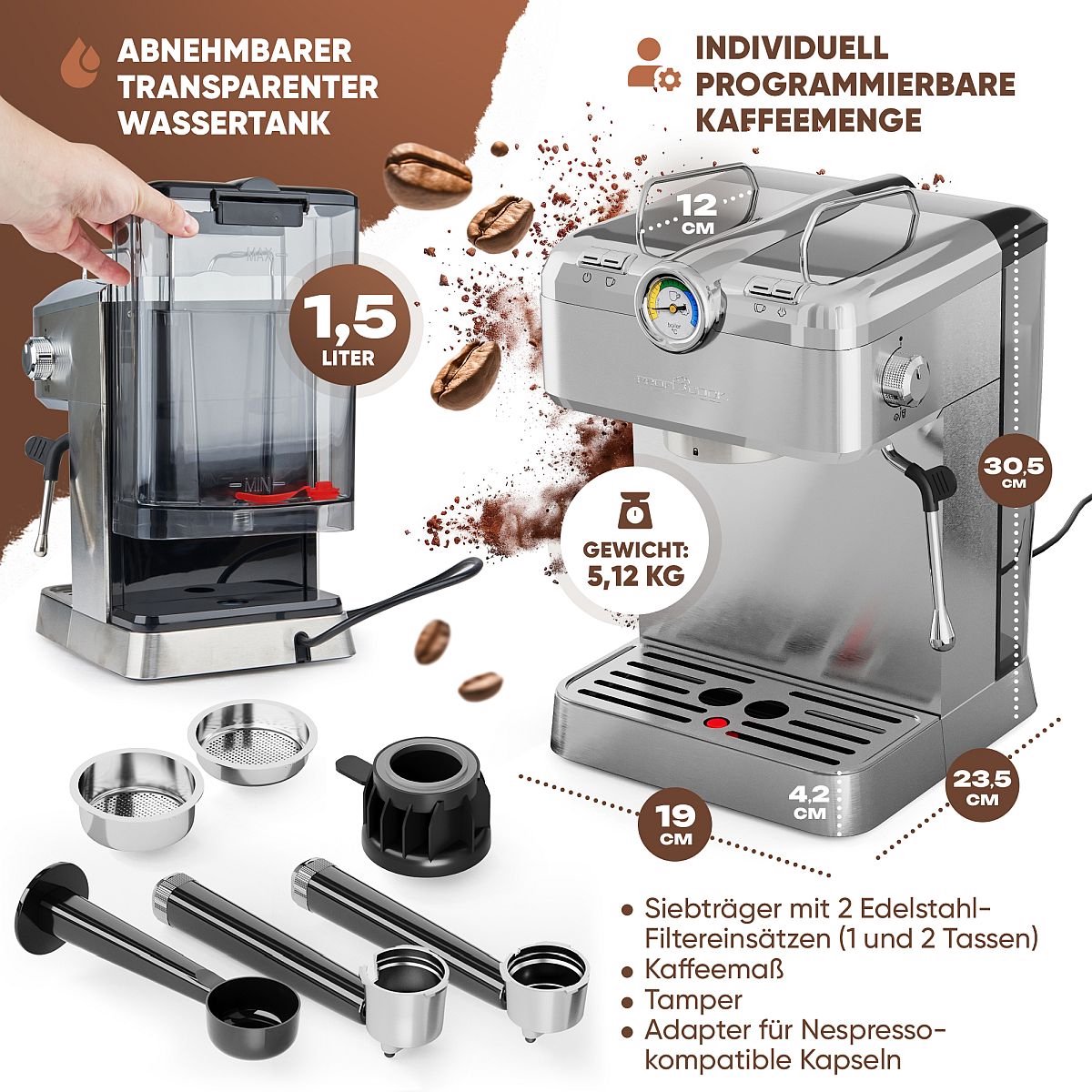 Afbeelding 3 van ProfiCook ES-KA 1267 - Espresso koffiemachine -Espressomachine 2in1 -voor koffiecapsules en gemalen koffie - 1100W