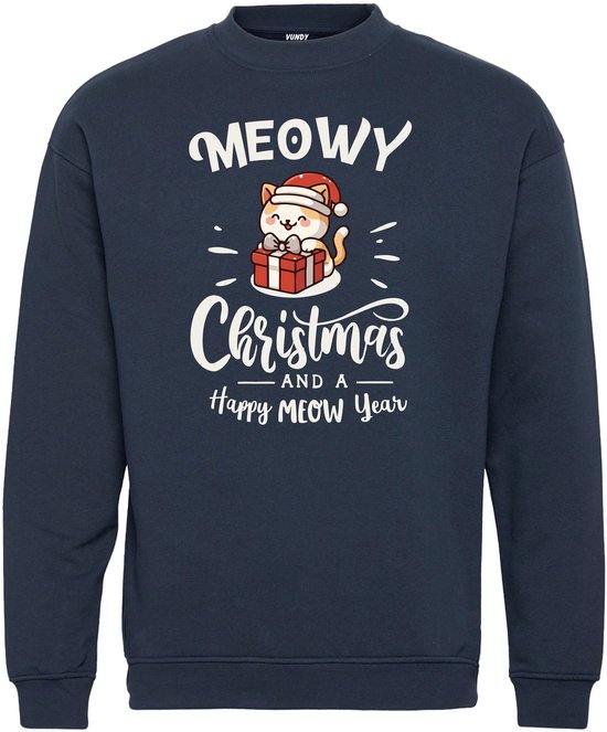 Sweatshirt bleu marine avec un chat de Noël sur un cadeau. Texte : 'Meowy Christmas and a Happy Meow Year'.