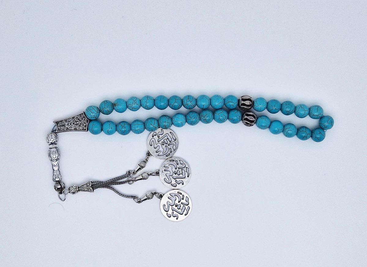 Handgemaakte tesbih "tasbih" natuursteen " Turkoois " - Aantal kralen 33 - Diameter kralen 10 MM - met metaal tassel "model 3" - Een mooi cadeau-idee