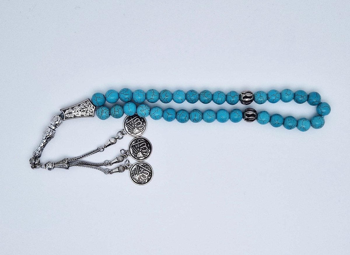 Handgemaakte tesbih "tasbih" natuursteen " Turkoois " - Aantal kralen 33 - Diameter kralen 10 MM - met metaal tassel "model 1" - Een mooi cadeau-idee