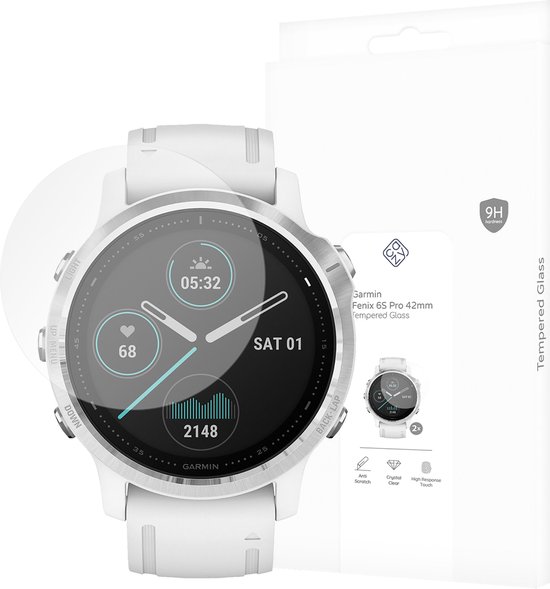 Witte Garmin Fenix 6S Pro smartwatch naast de verpakking van de screenprotector.