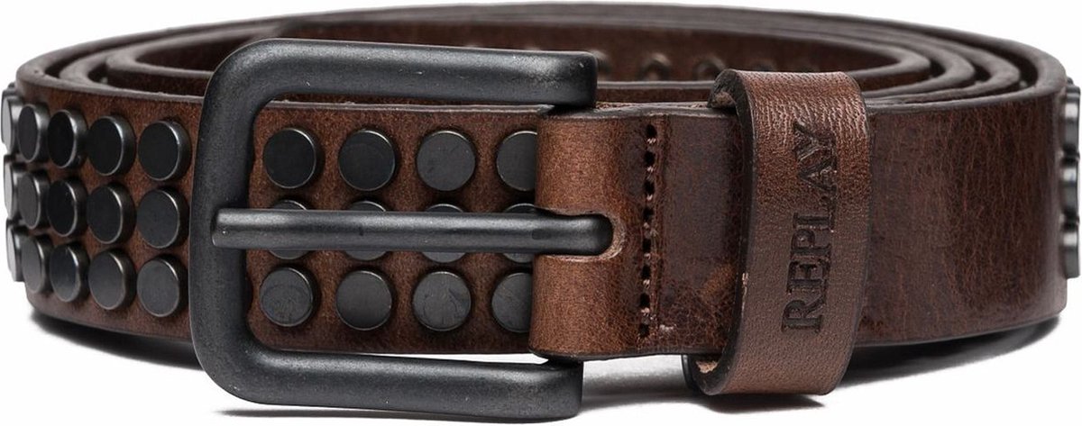 REPLAY Leren Riem Leather Belt W85 Faded Black Brown Bruine Zilverkleurig