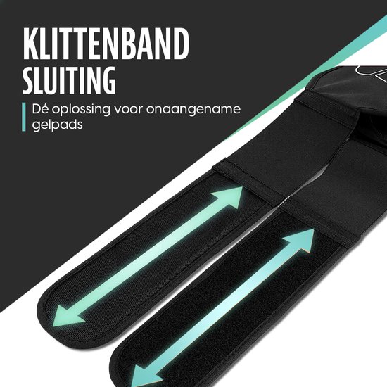 Sluiting van zwarte riem met klittenband en groene pijlen die de bevestiging aangeven.