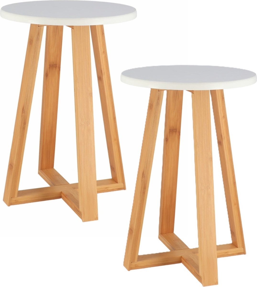 Tendance Bijzet krukje model Oslo - 2x - wit - bamboe hout - D30 x H43 cm - bijzettafeltje