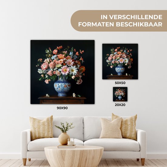 Tableau sur toile 50x50 cm - Décoration murale exclusive Bois - Vase - Couleurs - Fleurs - Décoration murale salon - Décoration chambre - Accessoires chambre - Peintures sur toile