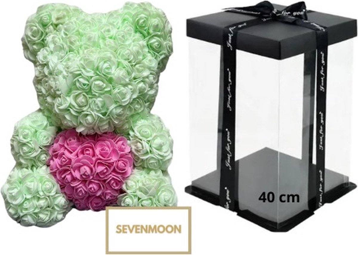 SEVENMOON - Rozen Teddy Beer XXL Valentijn | Valentijnscadeau | Liefde | Baby | Vriendin | Meisje | Rozen beer | Ideale Cadeau | Inclusief Giftbox - MINTGROEN 40CM