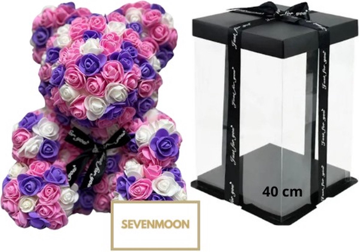 SEVENMOON - Rozen Teddy Beer XXL Valentijn | Valentijnscadeau | Liefde | Baby | Vriendin | Meisje | Rozen beer | Ideale Cadeau | Inclusief Giftbox - PAARS MIX 40CM