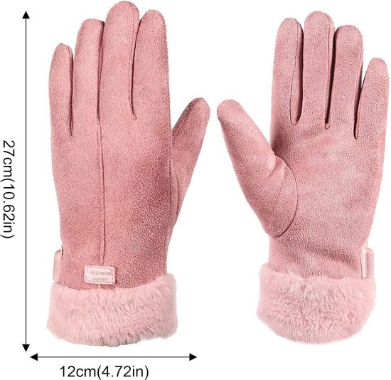 Roze suède handschoenen met zachte roze bontrand, 27 cm lang en 12 cm breed.