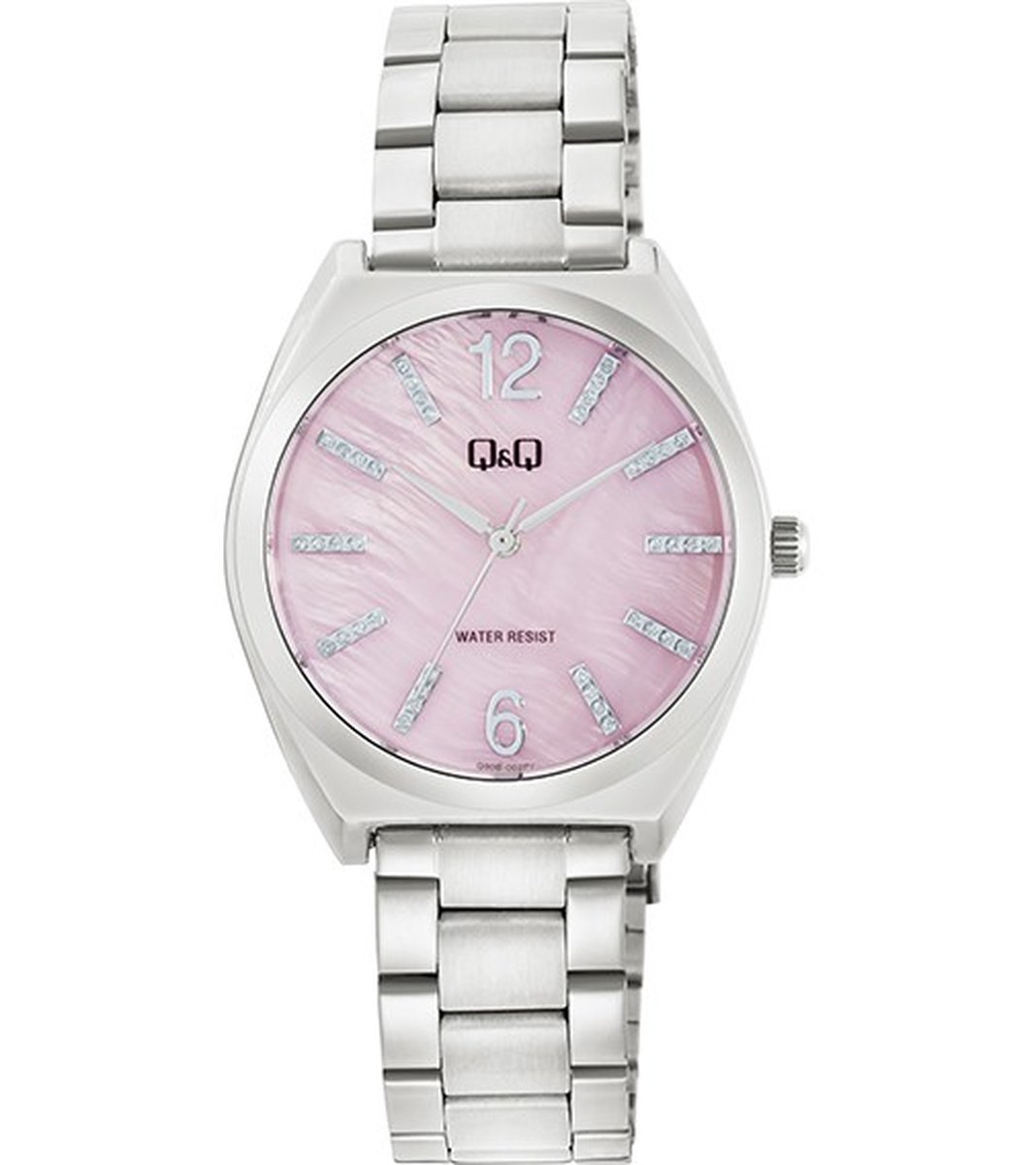 QQ Q90B-002PY - Horloge - Polshorloge - Analoog - Dames - Vrouwen - stalen band - Overig - Metaal - Cijfers - Strepen - Zilverkleurig - Roze