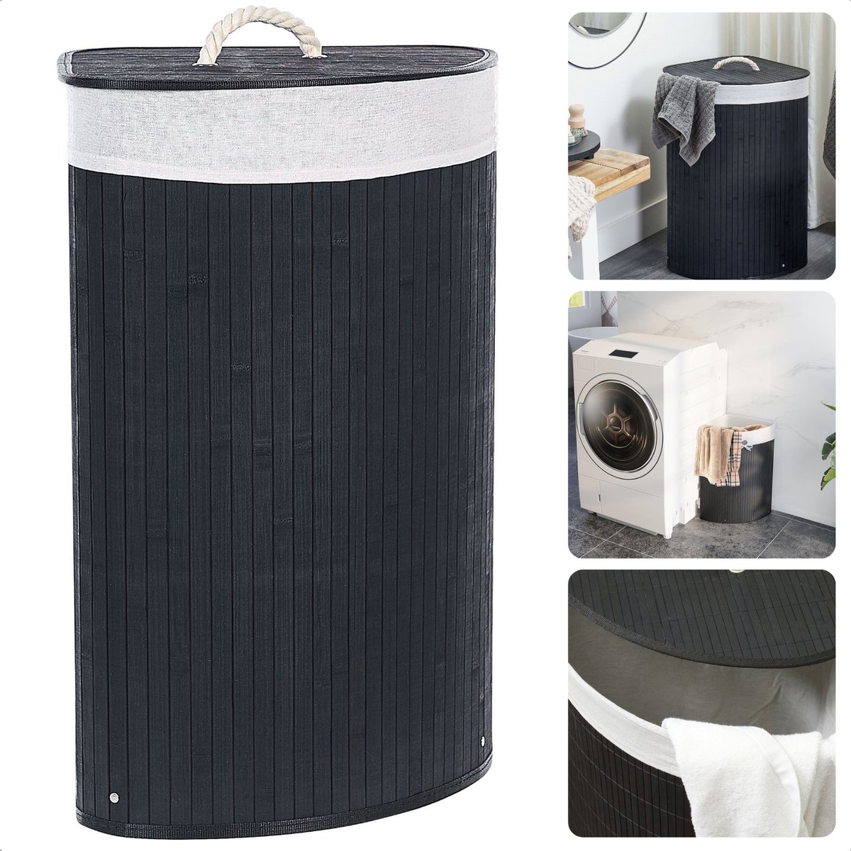 Goedkoopste Bamboe Wasmand met Waszak - Hoekmodel - Wassorteerder Opvouwbaar 72L - Zwart - Met Deksel en Binnenzak - Inclusief EBOOK
