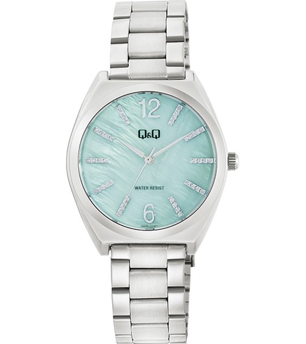 QQ Q90B-003PY - Horloge - Polshorloge - Analoog - Dames - Vrouwen - stalen band - Overig - Metaal - Cijfers - Strepen - Zilverkleurig - Turkoois Groen