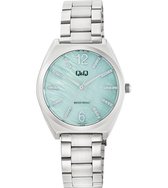 Q&Q Q90B-003PY - Montre - Montre-bracelet - Analogique - Femme - Femme - Bracelet en acier - Overig - Métal - Chiffres - Rayures - Couleur argent - Vert turquoise