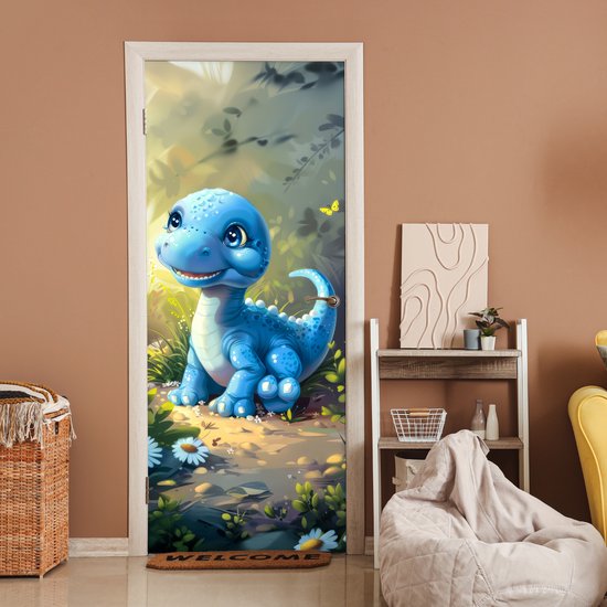 Deurposter 80x205 cm - Deursticker Dino - Blauw - Baby - Dinosaurus - Meubelfolie zelfklevend - Deurfolie kinderkamer - Muurstickers kinderen - Deur plakfolie - Deurbehang sticker - Babykamer decoratie accessoires