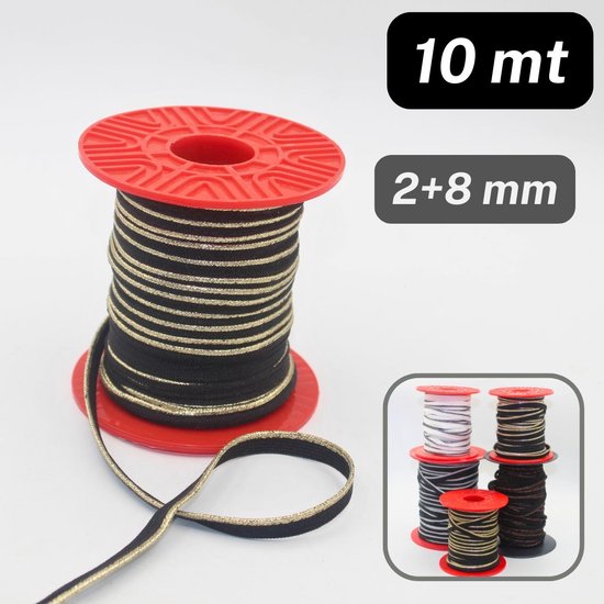 Een rol zwarte paspel met lurex goud, 10 meter, 2+8 mm.