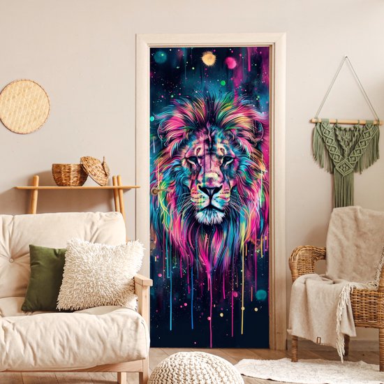 Deurposter 90x205 cm - Deursticker Leeuw - Verf - Kleurrijk - Zwart - Dieren - Meubelfolie zelfklevend - Deurfolie tienerkamer - Interieurfolie kinderkamer - Deur plakfolie - Deurbehang sticker - Kamer decoratie tieners