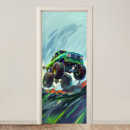 Poster porte 85x205 cm - Sticker porte Monster truck - Voiture - Garçons - Vert - Film meuble autocollant - Film porte chambre ado - Film intérieur chambre enfant - Film adhésif porte - Sticker papier peint porte - Décoration chambre ado