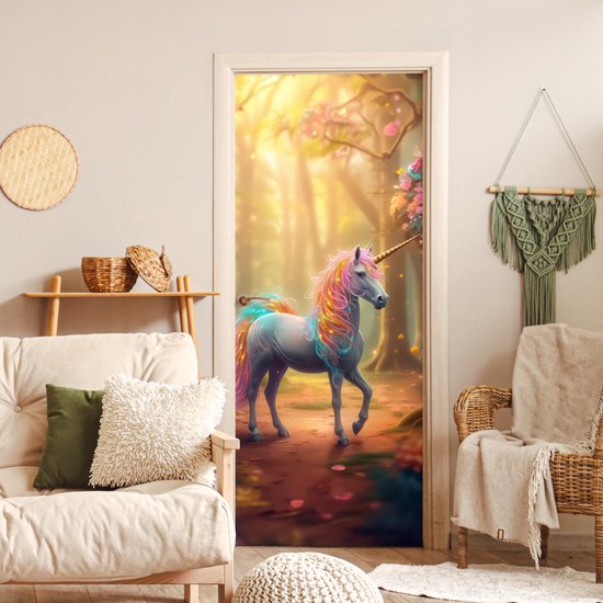 Affiche de porte 85x205 cm - Sticker porte Licorne - Forêt - Coloré - Fleurs - Meiden - Film meuble autocollant - Film porte chambre ado - Film intérieur chambre enfant - Film adhésif porte - Sticker papier peint porte - Décoration chambre ados