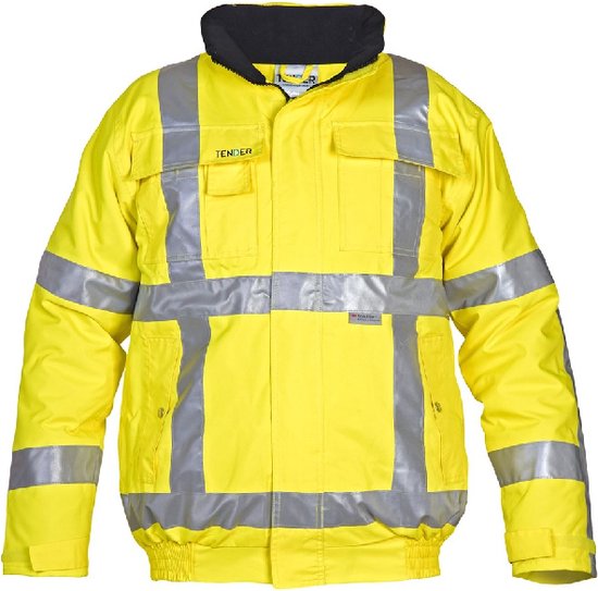 Gele werkjas van Hydrowear met reflecterende banden en zwarte kraag. Het 'TENDER' logo is zichtbaar op de linkerborst.