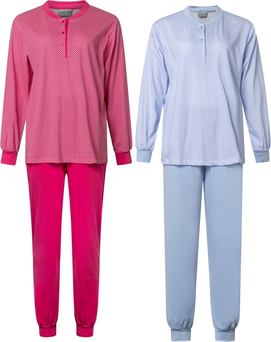 Lunatex 2 dames pyjama's 124247 - 100% katoen - roze en blauw