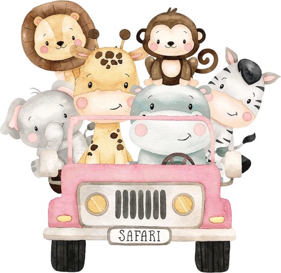 Muursticker Jungle Dieren in Auto - 45x43cm - Babykamer - Kinderkamer - Jongen - Meisje - Zelfklevend PVC
